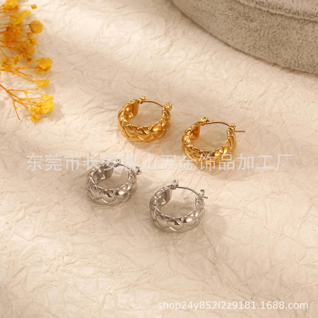 European and American Fashion Embossed Stainless Steel Gold Earrings Trendy Geometric Titanium Steel 18K Gold Niche Design Sense, Ear Jewelry