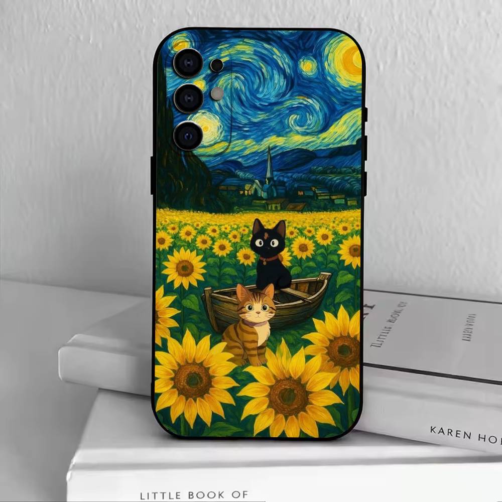 

Van Gogh Chibi Cat Phone Case Black Silicone Soft For Samsung S25,S24,S21,S22,S23,S30,Ultra,S20,Plus,Fe,Lite Samsung S26Plus