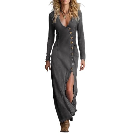 Party Dress Casual Women s Sexy Side Slit Denim Dress, Western Long Sleeve Button Beach for Women Down V Neck Cowgirl Bodycon Jean Maxi Versatile S