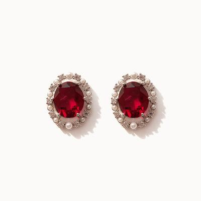 Jlauren M03377 Oval Pearl Ruby Cubic Earrings
