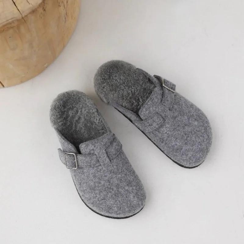 Winter Baotou Slippers Women's Round Head Deep Mouth Suede Belt Buckle Soft Sole Non-slip Wear-resistant Flat Shoes