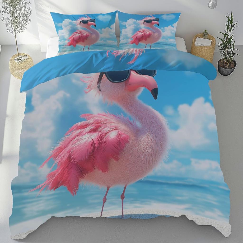 Flamingo Tropical Bedding Sets, Palm flower plant Duvet Cover Microfiber, Leaf Plant Duvet Covers With Zipper and Pillow Covers