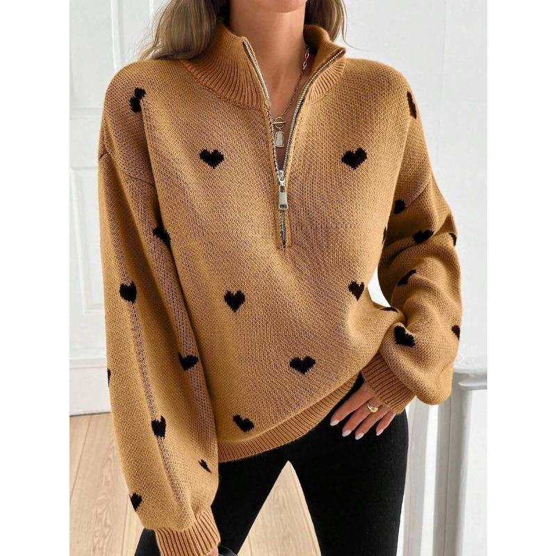 Damen Lockerer Halb-Reißverschluss Gestrickter Langarm Pullover mit Herzmuster Freizeit