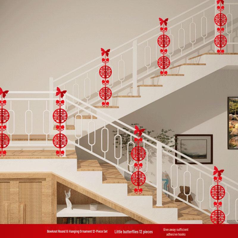 Double Happiness Stair Railing Decor: Wedding Floral Ornaments for Bride and Groom Sides