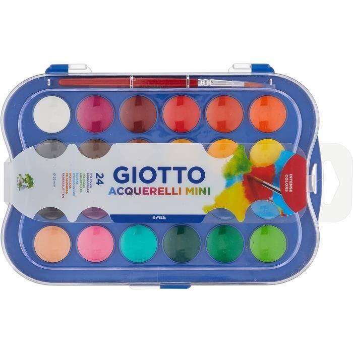 Boîte de 24 pastilles de gouache - GIOTTO - Acquerelli Mini - Couleurs vives - Pinceau inclus - Palette design