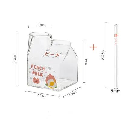380ml Kawaii Quadratischer Milchkarton Glasbecher Hitzebeständig Süß Erdbeere Pfirsich Frühstücksbecher Puddingbecher Milchflaschen
