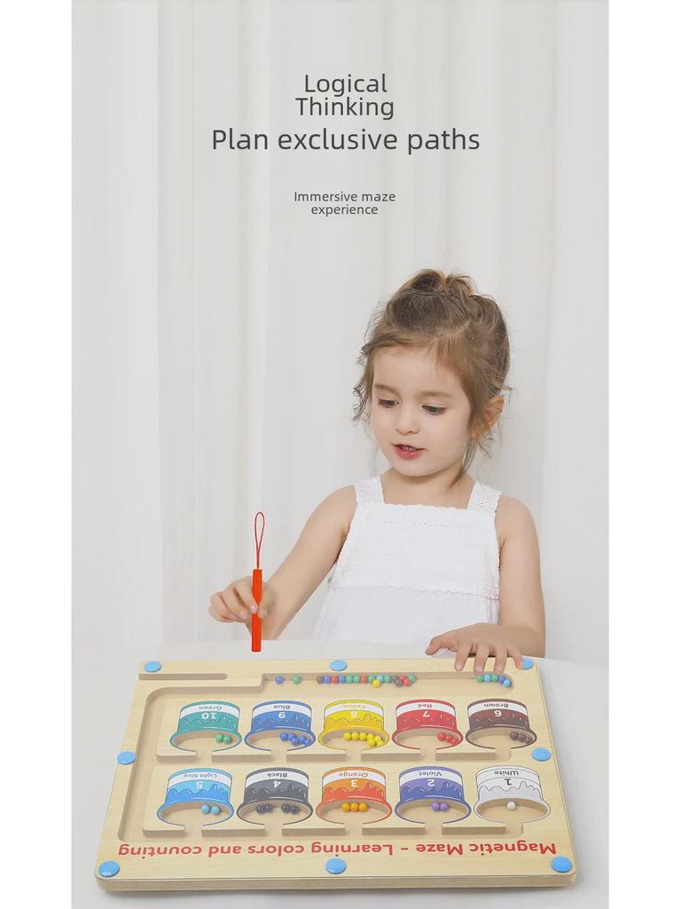 Dětsské dřevěné magnetické bludiště a deska pro počítání barev pro logické myšlení