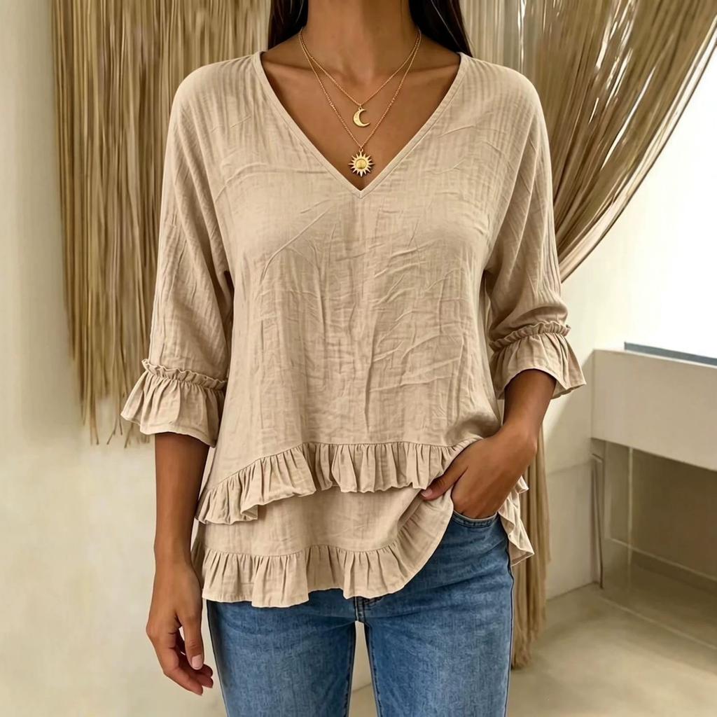 TIFICY Kadın Modası Günlük Yaz Bahar Düz Renk Baskılı 3/4 Kol V Yaka Bluzlar ve Gömlekler