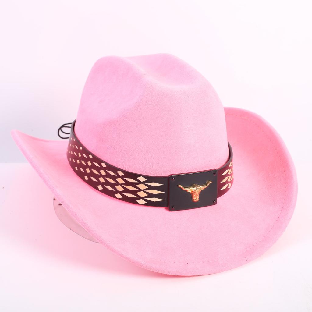 New Western Cowboy Hat Men's and Women's Versatile Wide Brim Top Hat Sun Hat Simple Bull Head Hat Strap