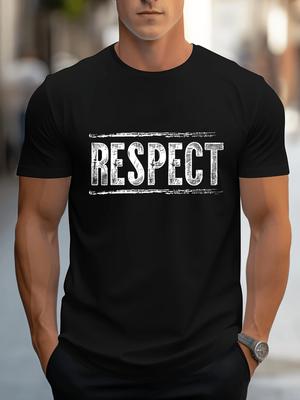 Summer MenS Tshirt RESPECT Print Graphic TShirt  Distressed White Short Sleeve Casual Tees Lettering Regular Fit Round Neck