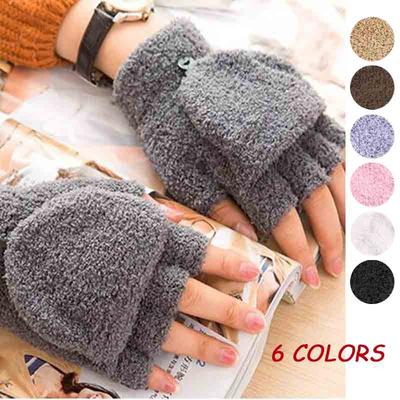 Student Dual-use Boys Girls Warm Winter Coral Velvet Gloves Convertible Flip Top Half Finger Gloves Knitting Mittens