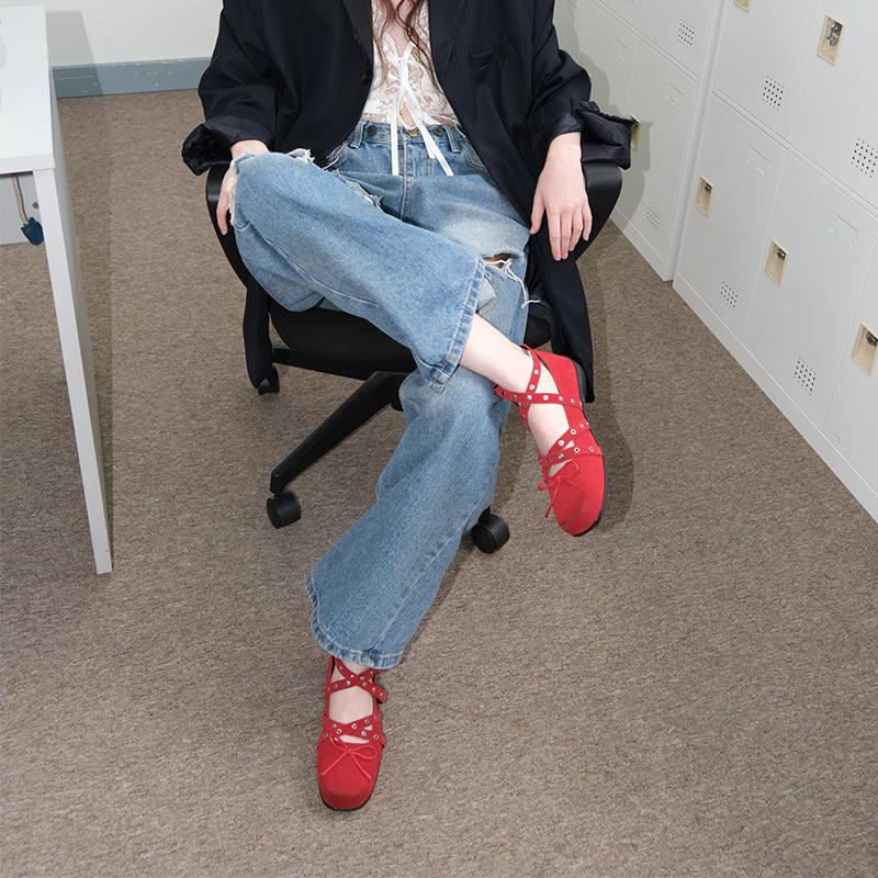 Red Bow Single Shoes Women's French Retro Small Leather Shoes 2025 Spring New Rivet Belt Buckle Ballet Flats