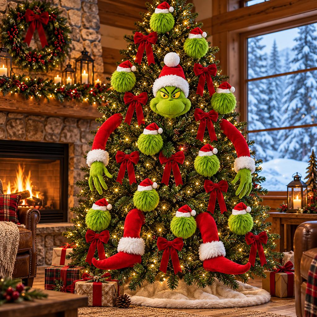Green Furry Christmas Tree Decoration Set, Holiday Hanging Ornaments for Home Party