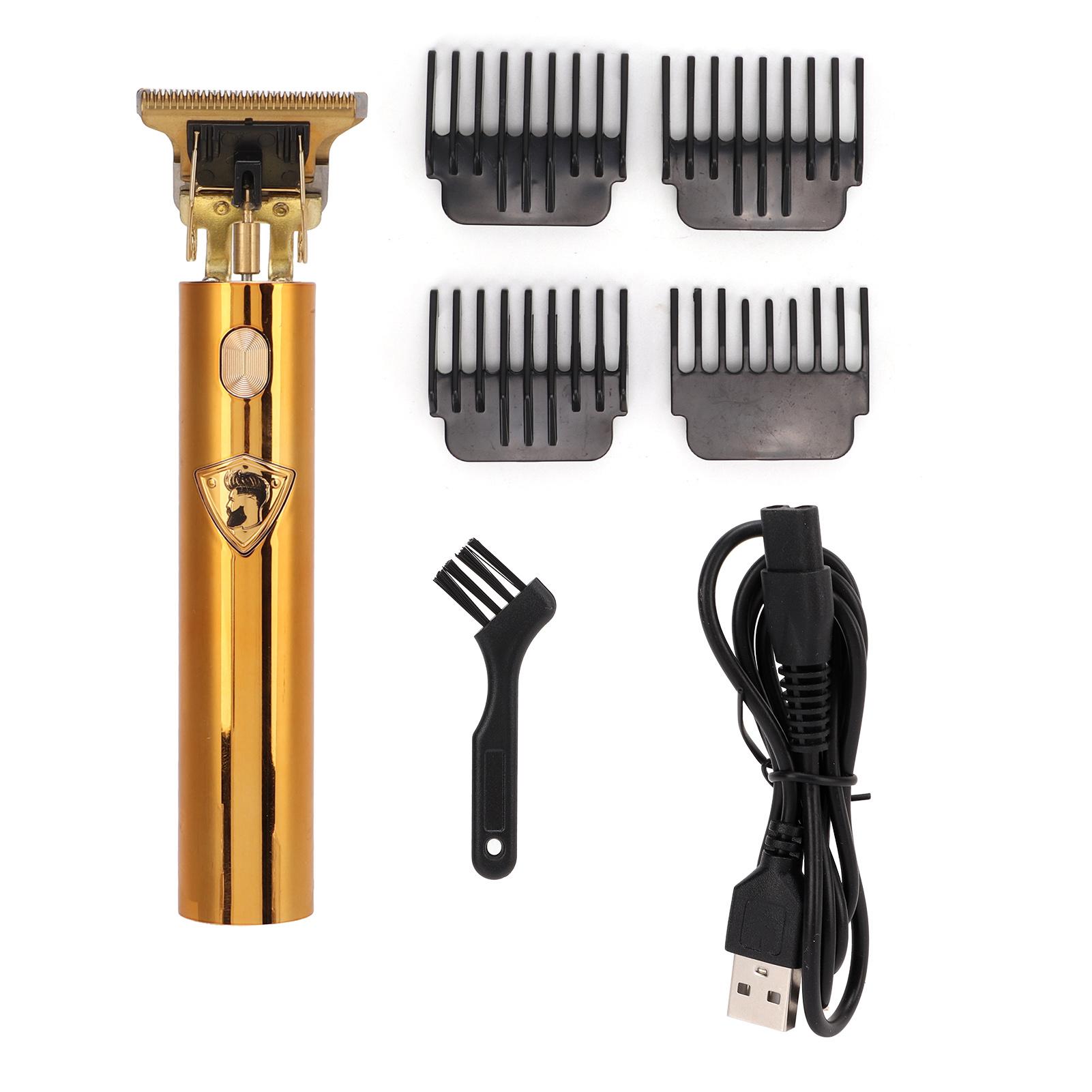 

Электрическая машинка для стрижки волос, триммер для бороды, беспроводной триммер с Т-образным лезвием, 4 направляющие насадки, лезвия из нержавеющей стали, золотистый для мужчин