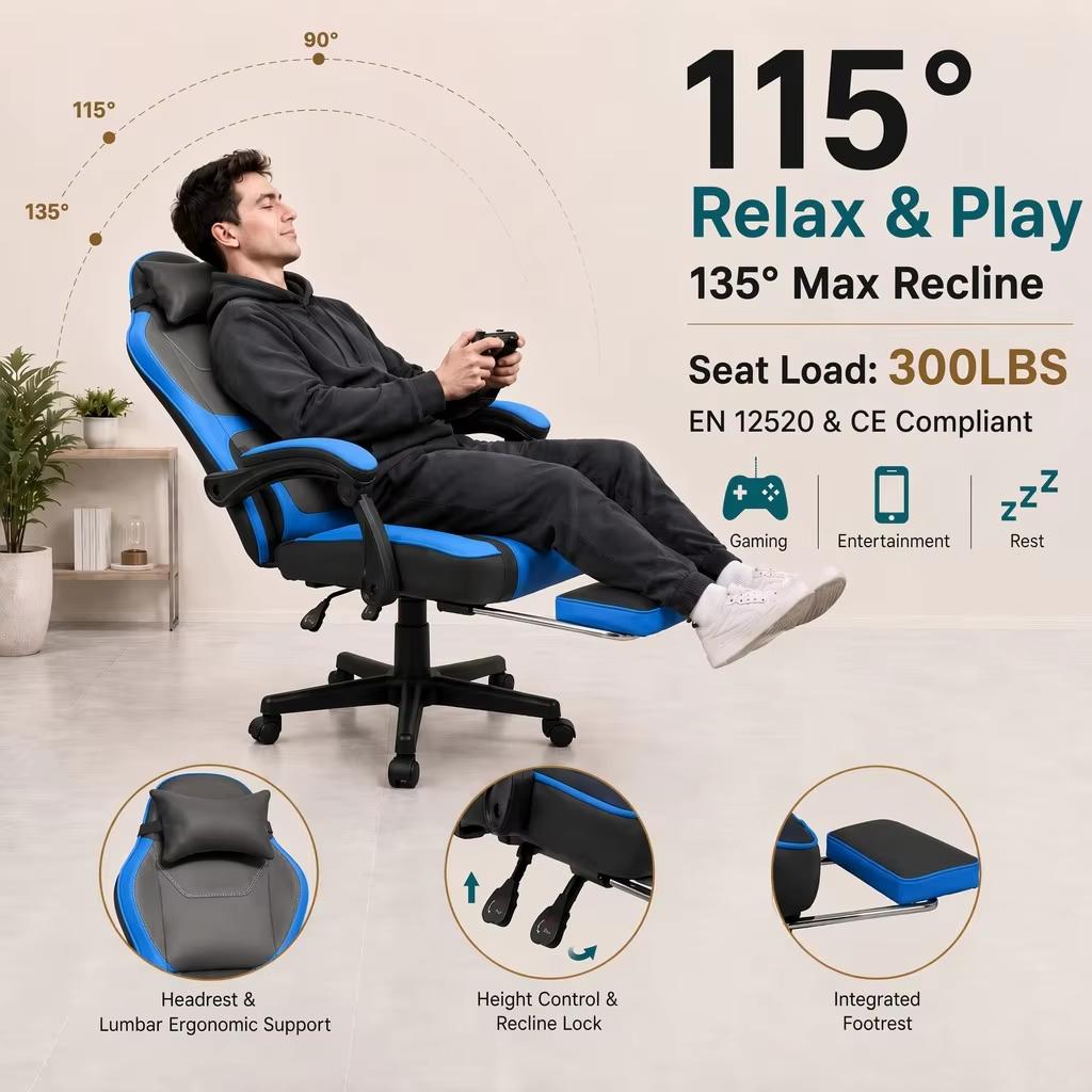Ergonomic Business Gaming Chair with Lumbar & Neck Support, Adjustable Footrest, 300 Lbs Capacity (136 Kg), 360 Degrees Swivel