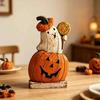Vintage Halloween Party Favors Pumpkin Ghost Wooden Figurine, Tabletop Decor, Jack O Lantern Solid Wood Festive Centerpieces Statue with Stable Base,