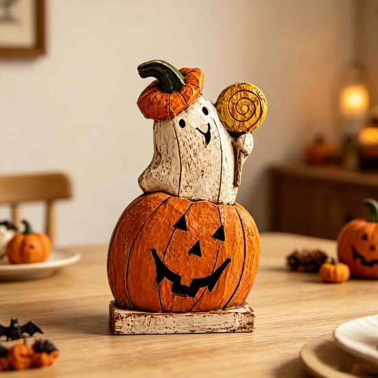 Vintage Halloween Party Favors Pumpkin Ghost Wooden Figurine, Tabletop Decor, Jack O Lantern Solid Wood Festive Centerpieces Statue with Stable Base,