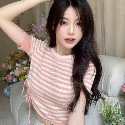 Knitted Short-sleeved Women's New Summer Pink Striped T-shirt Design Drawstring Navel-exposed Short Student Top