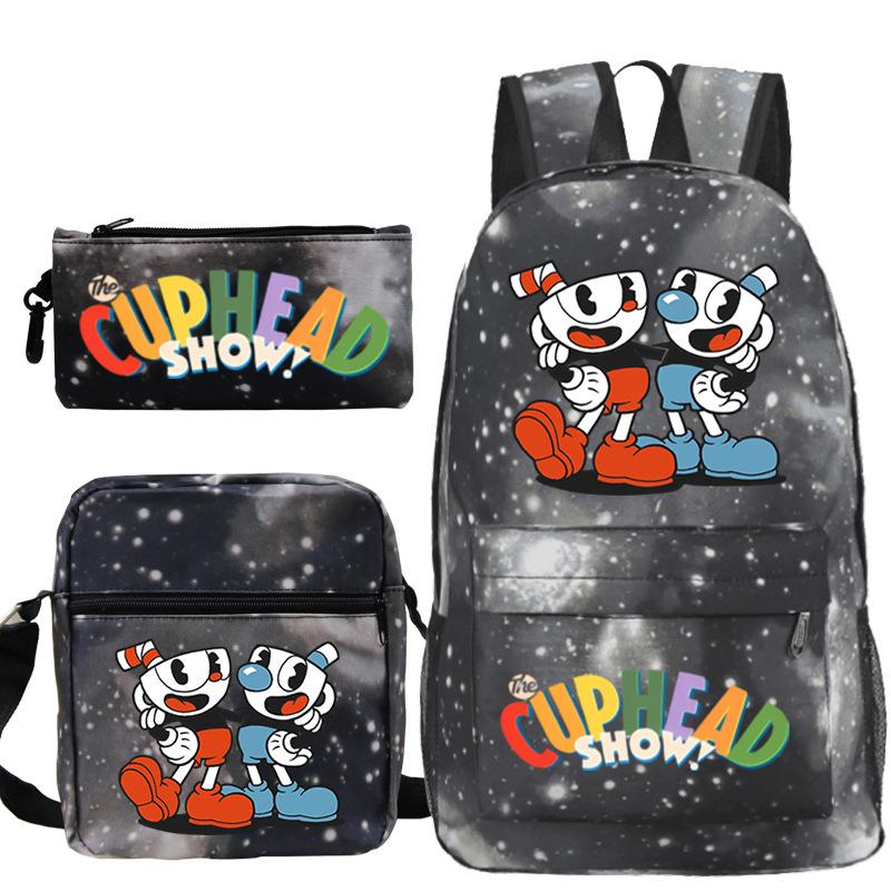 Cartoon Teacup Head Cuphead Student Backpack Oblique Span Bag Pencil Bag Primary And Secondary School Students Children'S Schoolbag Three-Piece Set