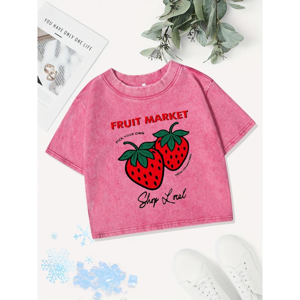 Sexy Cotton Crop Tops Womens Fruit Strawberry Printing Washed T-Shirts O-Neck Regular Fit Streetwear Y2K Womans Clothes
