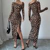 Women Sexy Slim Fit High Waist Slit Leopard Print Long Sleeve Bodycon Dress