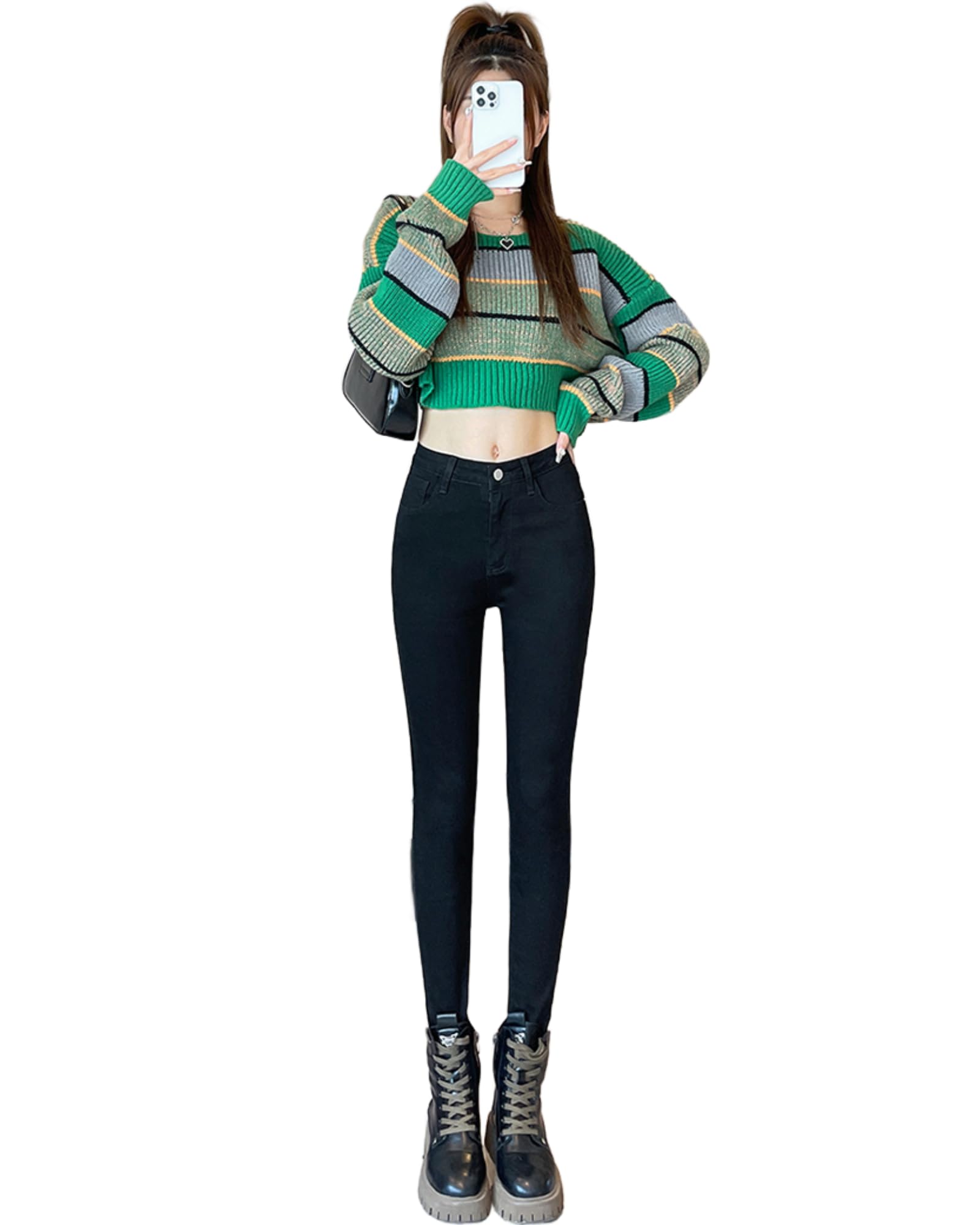 

Slim Fit Elastic Skinny High Casual Black [JINJUDUO] Women s Jeans, Waist, Leg-Flattering, Stylish, Spring, Summer, Autumn, Trousers, чёрный