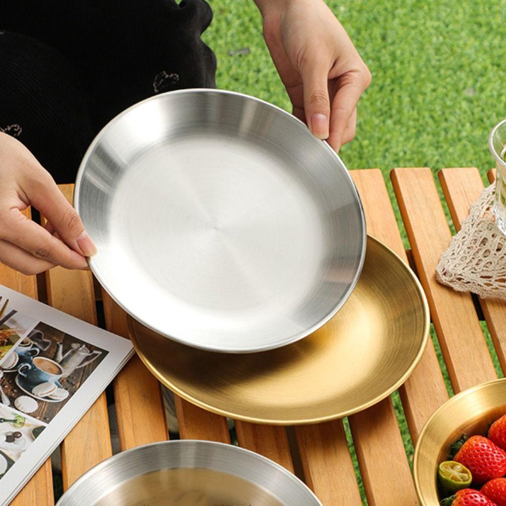 4PCS/SET Stainless Steel Outdoor Dining Plate Bowl Straw Hat Design Dessert Plate Easy To Clean