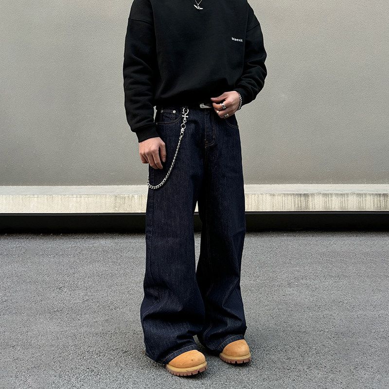 Blaexit American-Style Denim Black Jeans for Men, Vintage Baggy Straight-Leg Loose Casual Raw Color Wide-Leg Pants