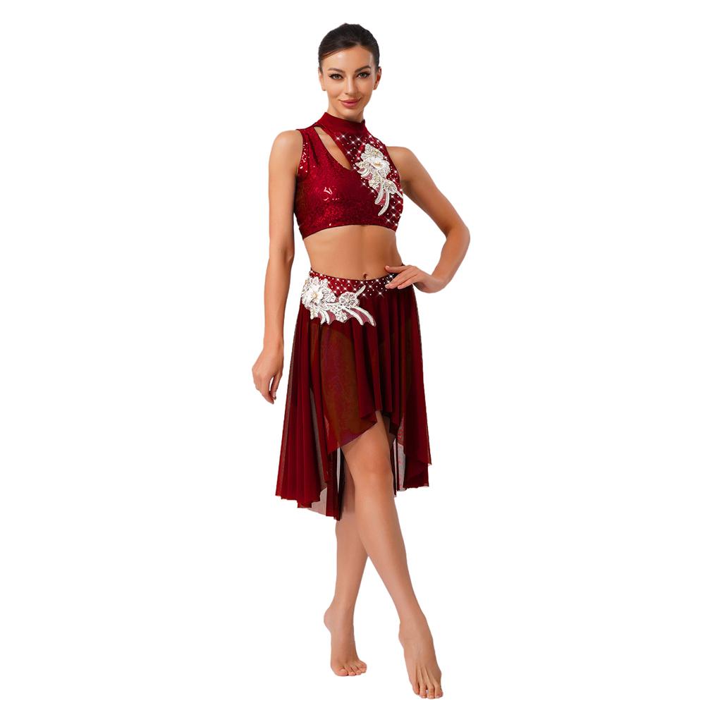 Womens Lyrical Dance Outfits Sleeveless Hollow Out Crop Top Irregular Mesh Hem Briefs Skirt Applique Dancewear Set