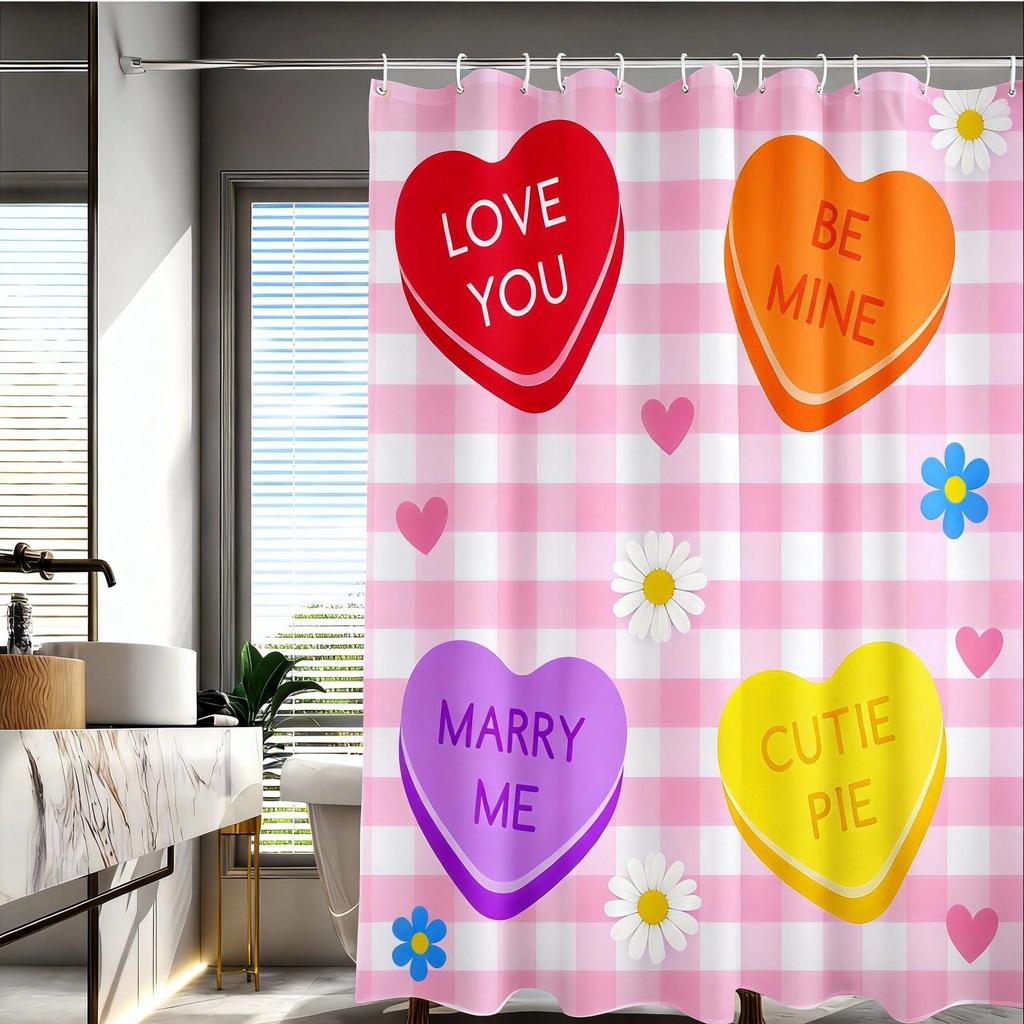 Valentine'S Day Candy Heart Shower Curtain Checkerboard Pattern With Love Messages Waterproof Polyester Bath Curtain With Hooks
