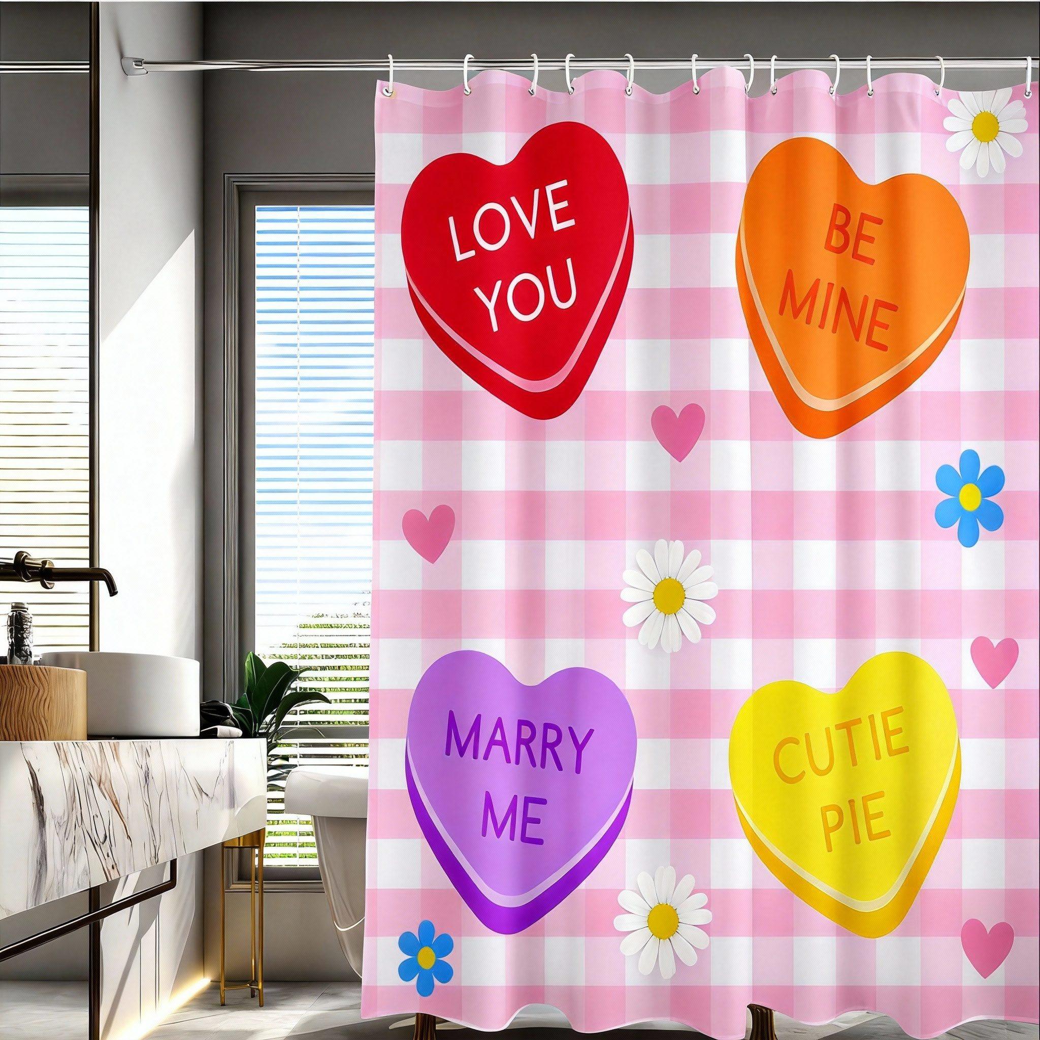 

Valentine S Day Candy Heart Shower Curtain Checkerboard Pattern With Love Messages Waterproof Polyester Bath Curtain With Hooks W60H190(CM)-1 Pcs