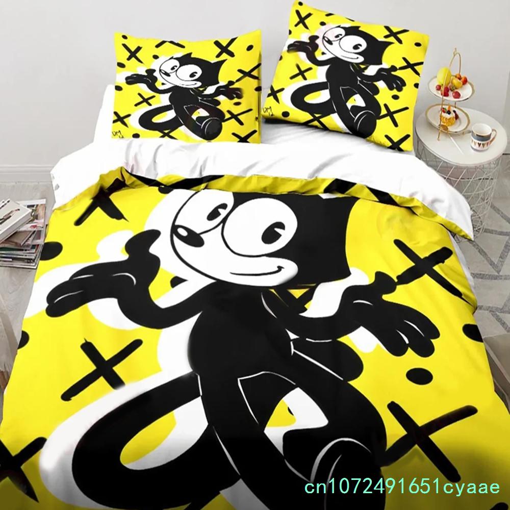Carino Set Biancheria da Letto Cartone Animato Gatto F-Felix, Copripiumino Coperta Set Letto Copripiumino Federa, Dimensioni King Queen Twin Bambini Bambine Adulti