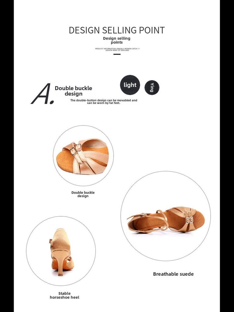 New Adult Latin Dance Shoes: Double Diamond Buckle, Soft Sole, High Heel, Denim, Wide Fit