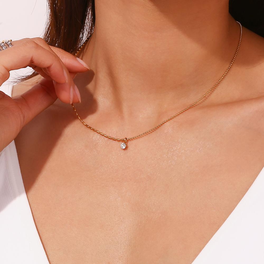 MamacitaSlay Elegant Half Rice Beads Chain Half Round Beads Chain Shiny Round Zircon Pendant Women's Stainless Steel Necklace