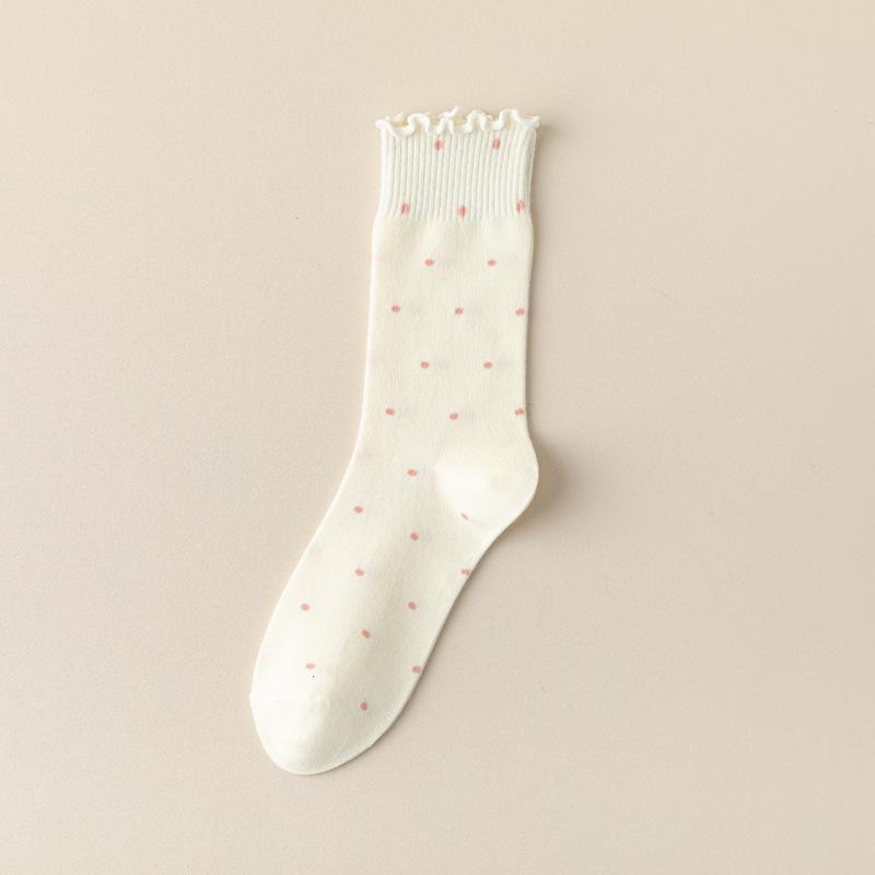 5/10 Pairs Ear Shaped Hem Socks for Women Spring Autumn Polka Dot Girl Instagram Style Cute Polka Dot Sweat Absorbing Mid Calf Socks and Pile Socks