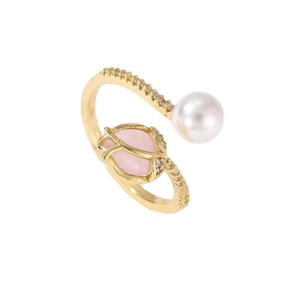 Tulip pearl ring, women's fashion flower bud niche design, index finger rings