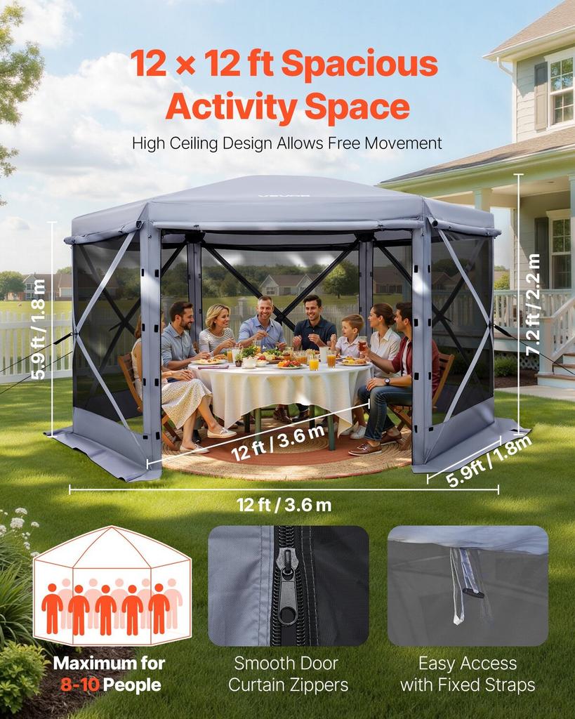 Pop Up Gazebo Screen Tent, 3.6 X 3.6 M Large 6-Sided Camping Canopy Tent with Removable Top & Carry Bag, Quick-Set & Bite-Proof, Screen House Sun