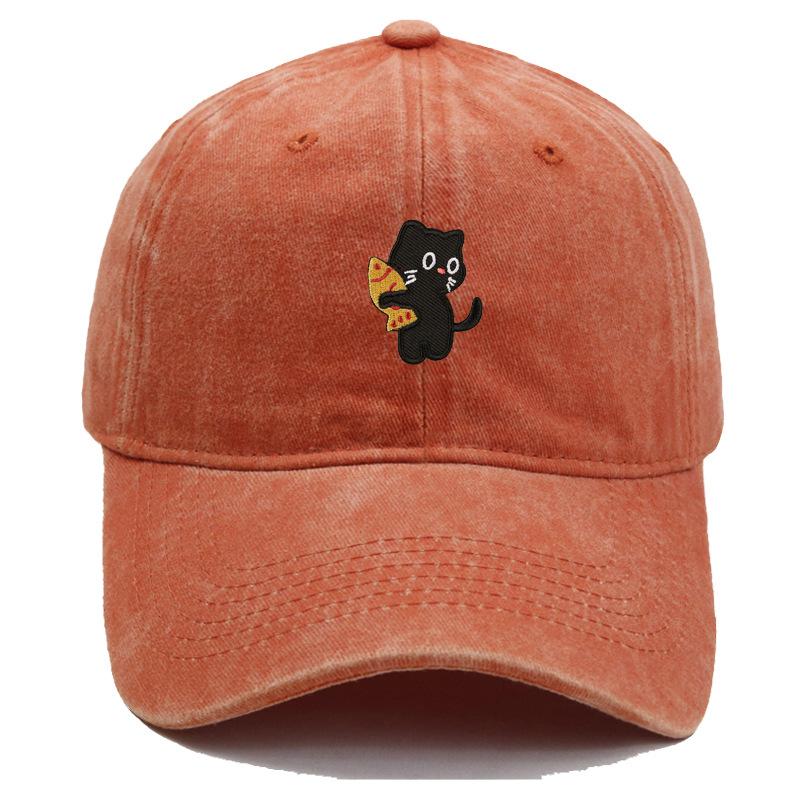 Vintage Washed Black Cat Holding Pizza Embroidery Baseball Cap Unisex Adjustable Brim Dad Hat Pet Lover Casual Outdoor Sun Hat