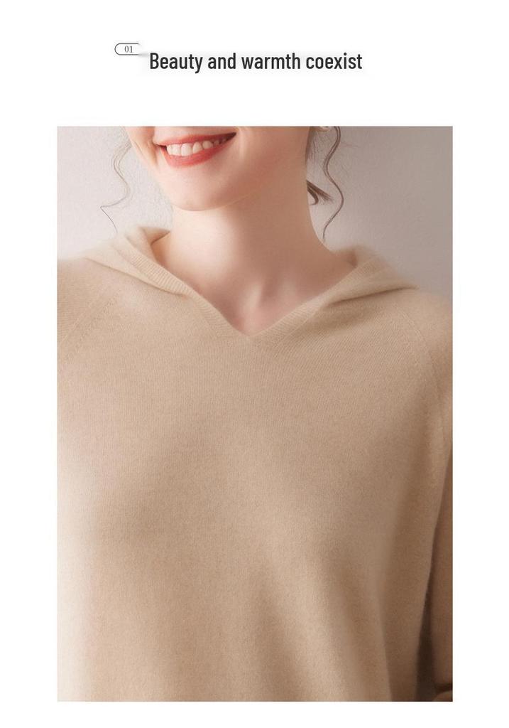 Women's 100% Pure Cashmere Hooded Sweatshirt - Autumn/Winter Long Sleeve Pullover Sweater.