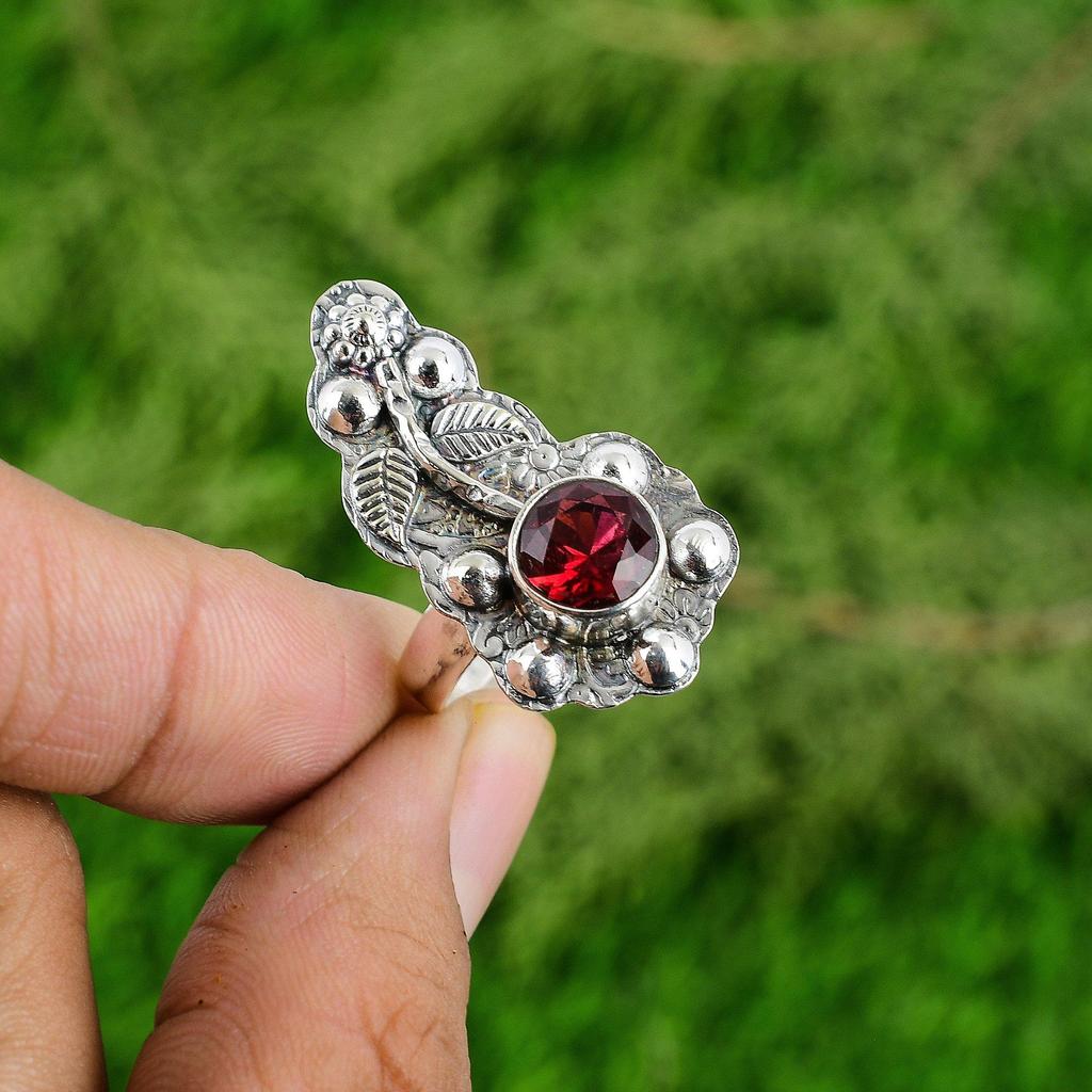 Mothers day Sale Sterling Silver Natural Mozambique Garnet Promise Flower Ring