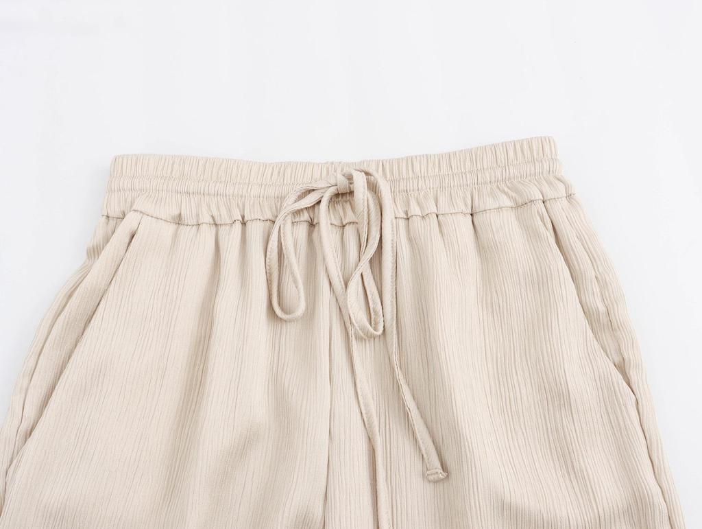 Women's Casual Crinkle Double-Breasted Blazer + High-Waisted Long Pants