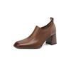 Fashion 2025 Autumn New Genuine Leather Soft Work Shoes Women High Heel Stretch Square Toe Slip on Brown Khaki British Style Heels Women
