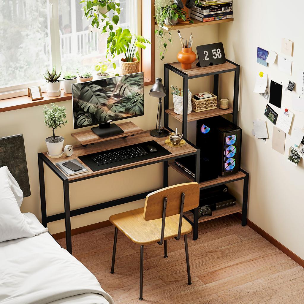 Computer Desk with Monitor Stand, Desk with 4-Tier Shelf, Industrial Design, Brown