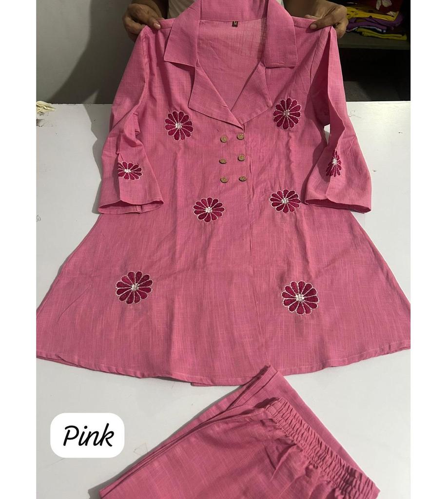 Women Designer Party Wear Pure Cotton Slub Angrakha Style Top Cord Set Kurti Dress