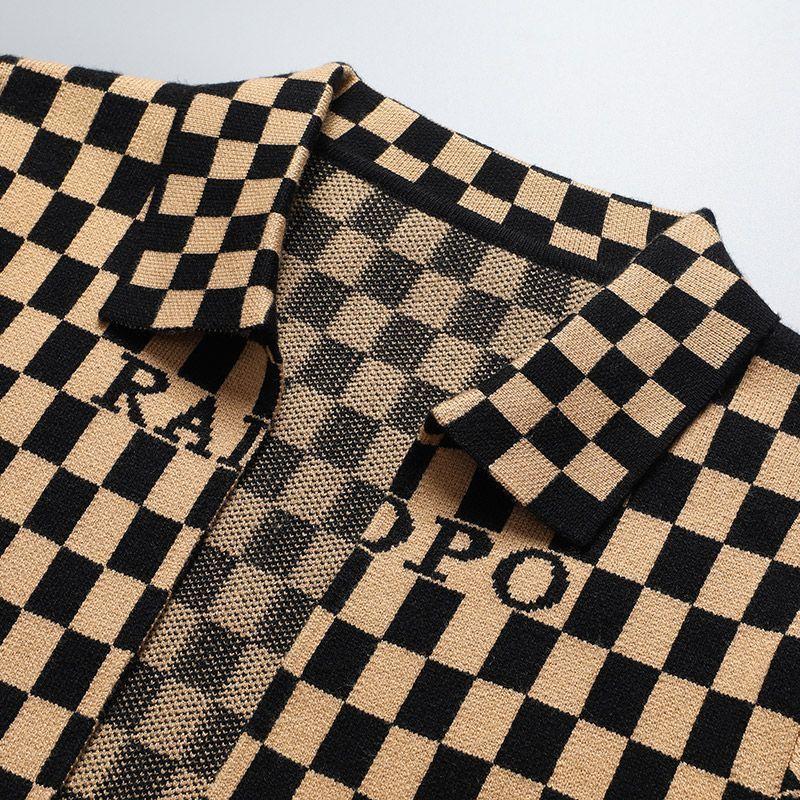 Smart Casual English Elements Plaid Panelled Turn-down Collar New Men Coat Fashion Casual Knit Loose Pockets Cardigan Jacket