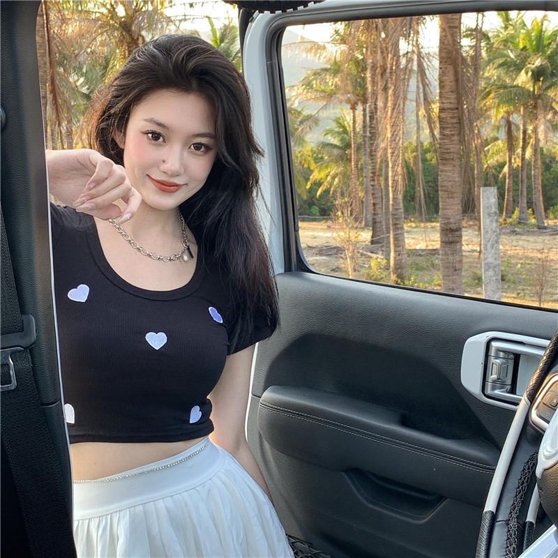 Knitted Threaded Love Embroidered Short-sleeved T-shirt for Women with Hot Girls High Waist Slim Summer New Style Short Top