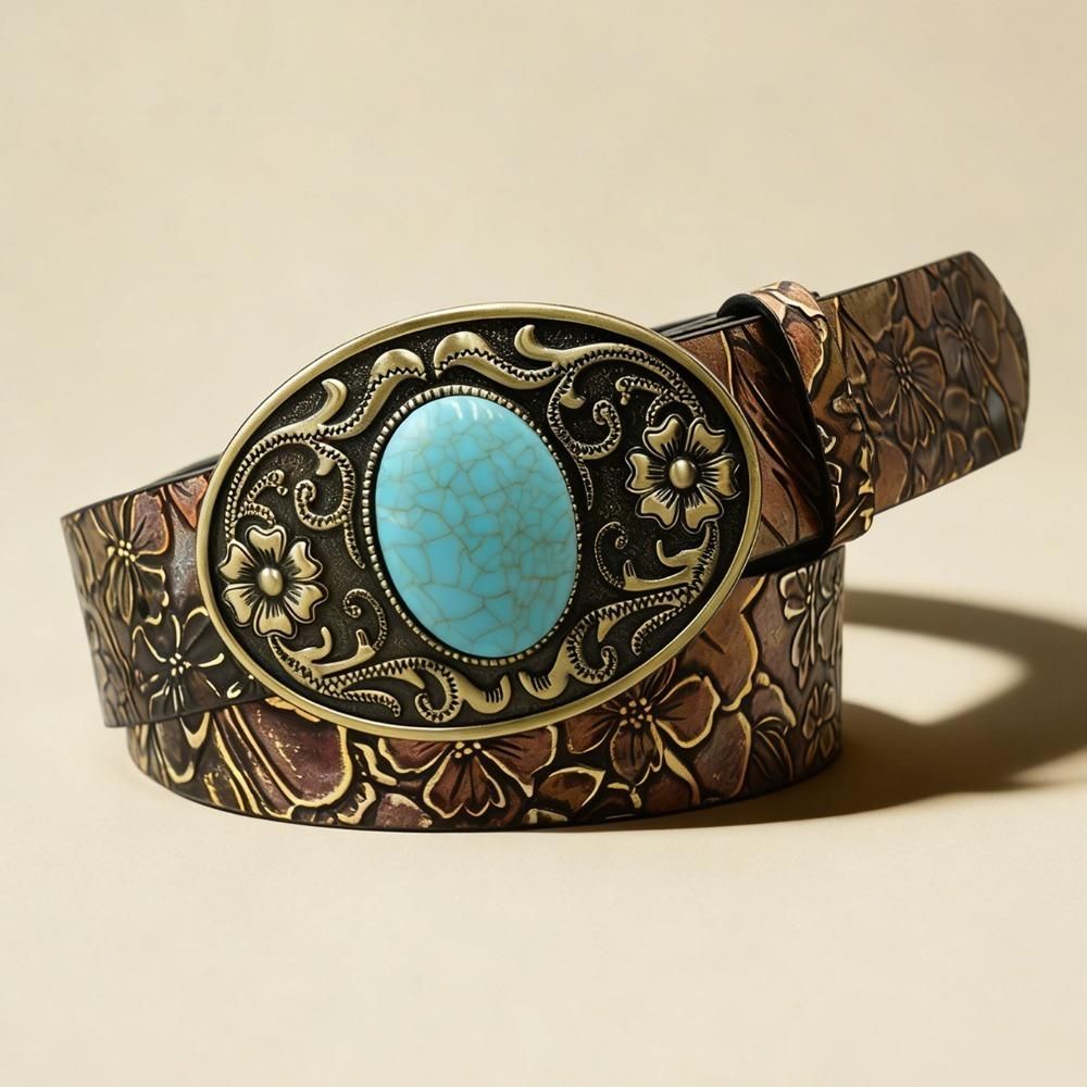 Antique Bronze Buckle Western Cowgirl Belt PU Leather Floral Embossed Belt  Outfit Decoration
