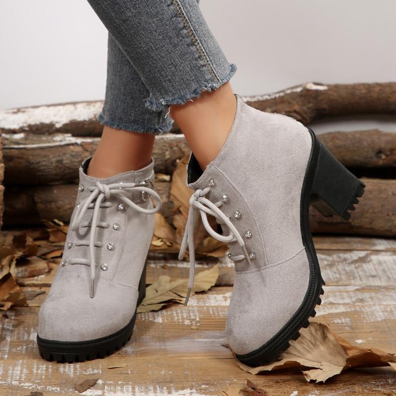 Naked Boots Fashion Round Toe Lace-Up Rhinestone Rear Zip Platform Non-Slip Block Heel Shoes for Women