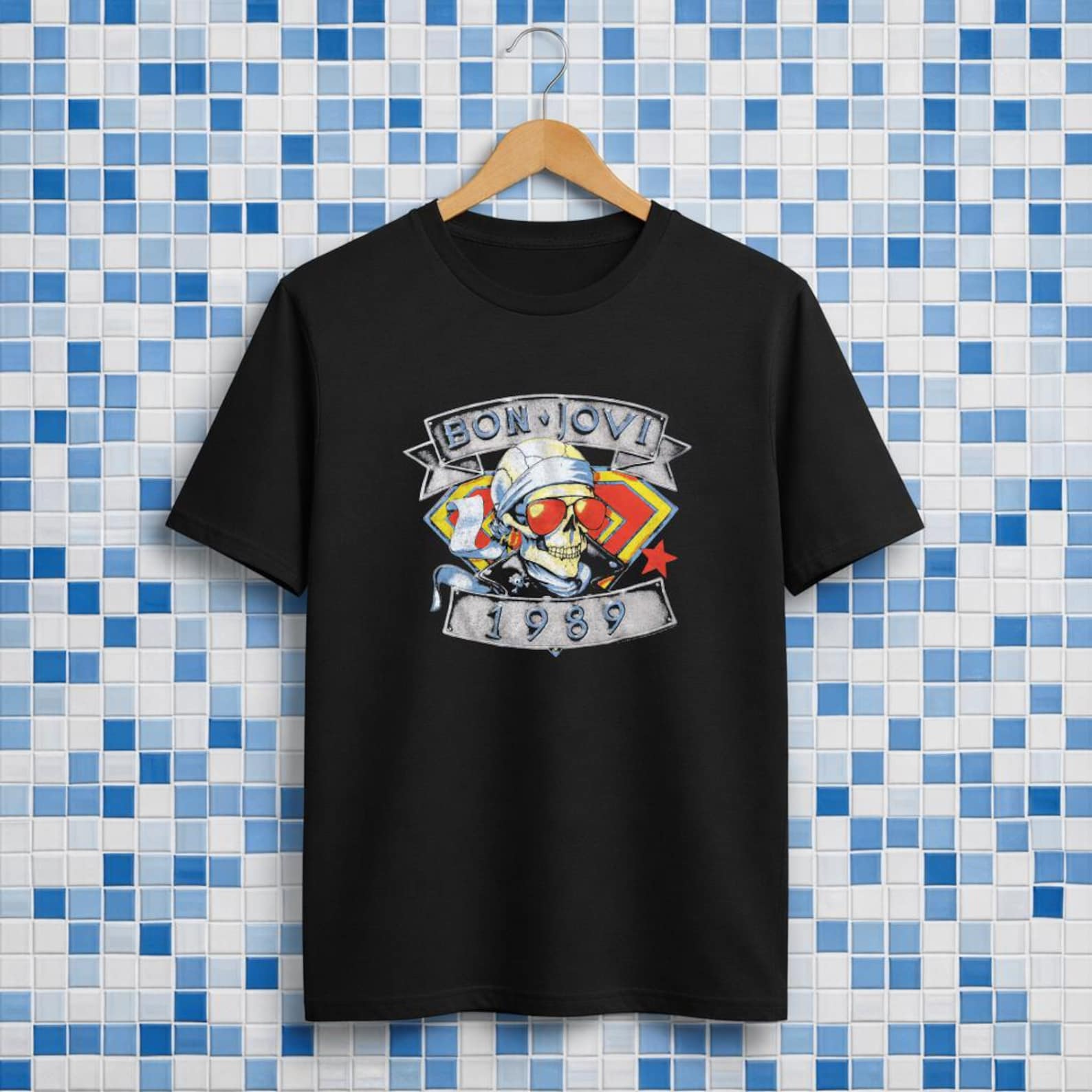 Bon Jovi 1989 Skull Man Premium Ultra Cotton Black T-Shirt L