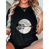 Black Oversized T-Shirt With Full Moon And Lake Reflection Print For Casual Wear